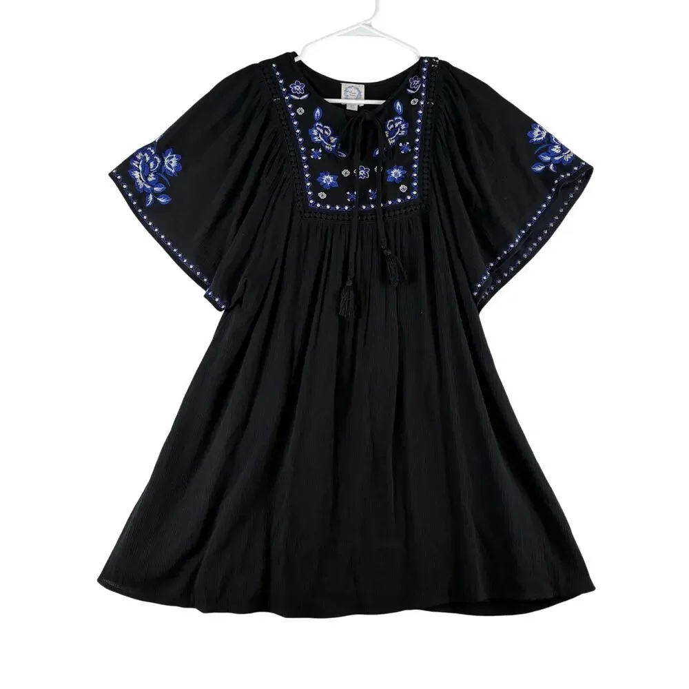 Blue Rain Boho Tunic Dress Womens Oversized XS Black Blue Floral Cottage Peasant